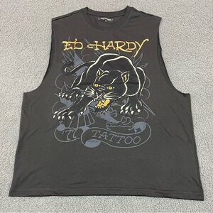 Ed Hardy Panther Graphic Sleeveless TShirt Men Large Black Y2K Tattoo Streetwear